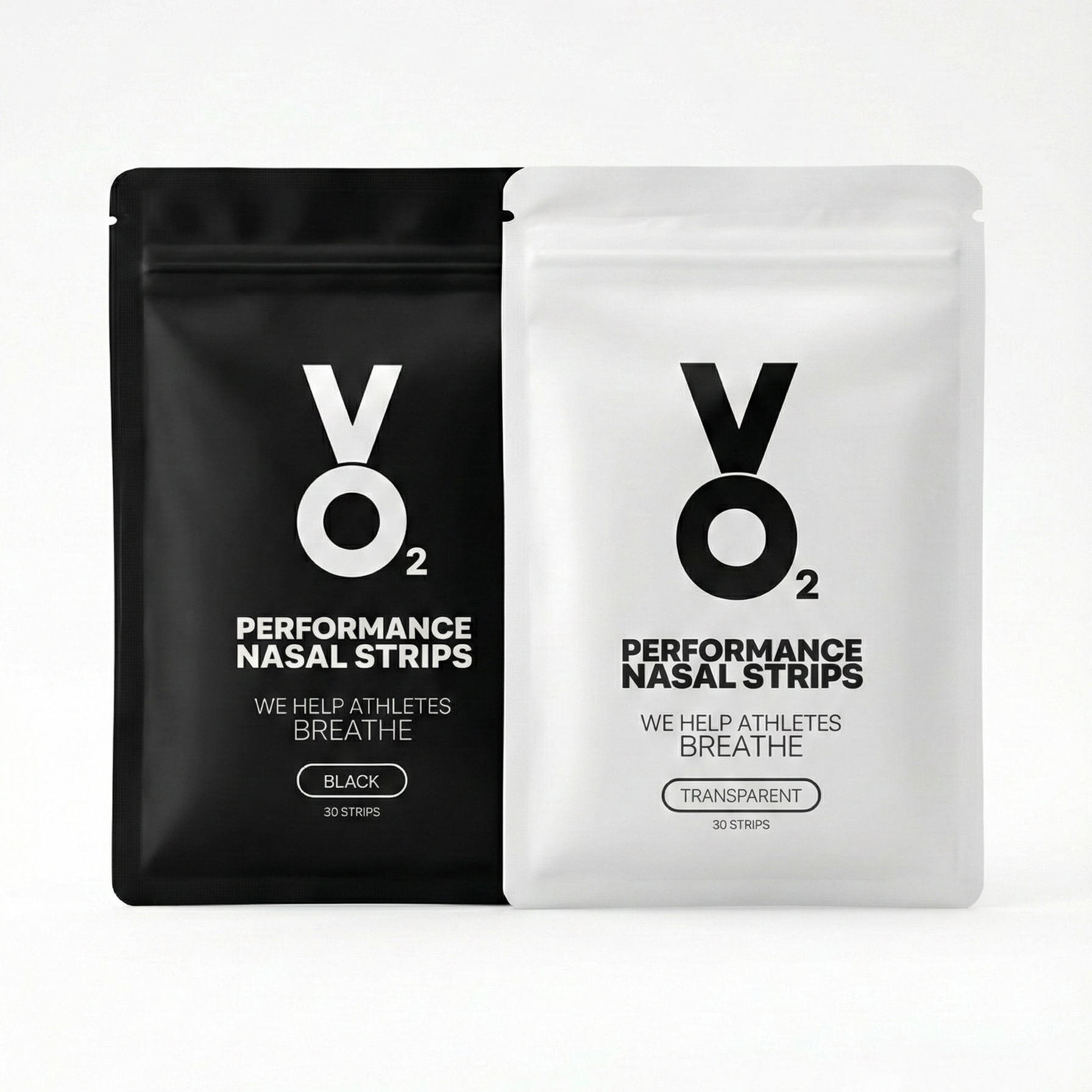 VO2 Performance Nasal Strips packaging in black and white on a white background